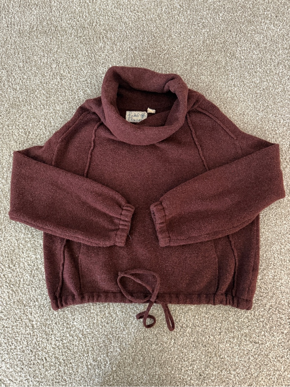 Women's Burgundy Cowl Neck Drawstring Sweater